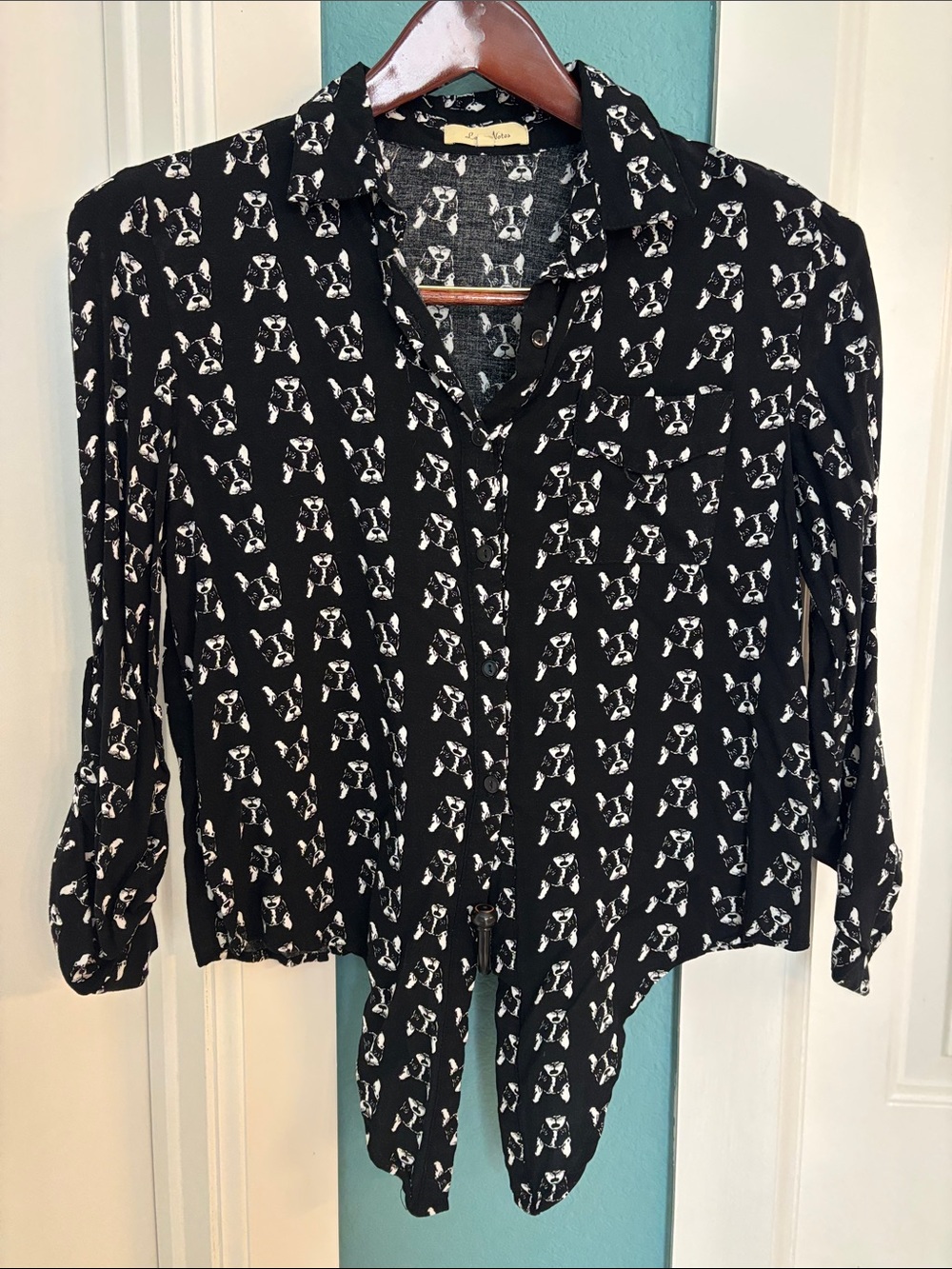 Love Notes Black Button-Front Blouse with White Dog Print